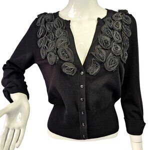 Cyrus Black Rose Embellished Short Cardigan 3/4 Slv Viscose Nylon Knit Womens M